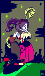 1girl 2018 absurdres blue_hair blue_skin chibi cityscape colored_skin detached_collar detached_sleeves dress grass grave graveyard hassan83 highres leaning_forward leviathan_(skullgirls) night side_ponytail skullgirls socks solo squigly_(skullgirls) star_(sky) striped_clothes striped_socks tombstone zombie