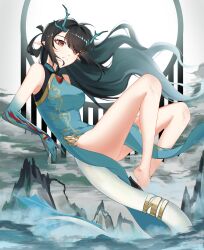 1girl absurdres aqua_dress aqua_horns aqua_skin arknights bare_arms bare_legs bare_shoulders barefoot black_hair breasts china_dress chinese_clothes closed_mouth cloud colored_skin dragon_girl dragon_horns dragon_tail dress dusk_(arknights) fins fish_tail floating_hair full_body gradient_hair gradient_skin grey_hair grey_pupils hair_between_horns hair_rings highres horns knees_apart_feet_together knees_up large_breasts long_hair long_tail multicolored_hair orange_eyes sharly sleeveless sleeveless_dress slit_pupils solo tail tail_ornament very_long_hair white_tail
