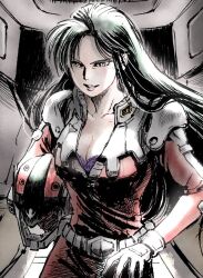 1girl black_hair bodysuit breasts cima_garahau cleavage collarbone commentary_request gerbera_tetra grey_eyes gundam gundam_0083 helmet highres holding holding_helmet kaeru_no_papa long_hair looking_ahead mecha mecha_pilot_suit medium_breasts parted_lips red_bodysuit red_helmet red_lips robot science_fiction smile solo unfinished unworn_headwear unworn_helmet very_long_hair zeon