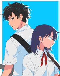 Rule 34 | 1boy, 1girl, back-to-back, black eyes, black hair, blue background, breast pocket, closed mouth, collared shirt, commentary, dress shirt, electric guitar, futsuu no keion-bu, guitar, guitar strap, hatono chihiro, highres, hinata (ryohinata), instrument, medium hair, mizuo haruichi, neck ribbon, parted lips, pocket, red ribbon, ribbon, school uniform, shirt, short hair, short sleeves, smile, tsurime, upper body, white shirt, wing collar