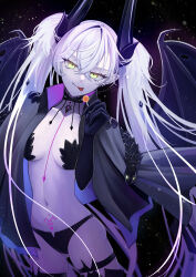 absurdres black_cloak black_hands body_markings candy cloak colored_extremities demon_girl demon_horns demon_wings fate/grand_order fate_(series) food harness highres holding holding_candy holding_food holding_lollipop horns jacket lilith_(fate) lilith_(second_ascension)_(fate) lollipop lollipop_in_mouth naked_jacket o-ring o-ring_harness pointy_ears pubic_tattoo stomach_tattoo tattoo waonwaon2121 wings