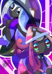 commentary english_commentary eyelashes gen_7_pokemon highres legendary_pokemon looking_at_viewer multicolored_eyes nintendo no_humans outline pokemon pokemon_(creature) signature tapu_fini tapu_lele yuyu_maybe