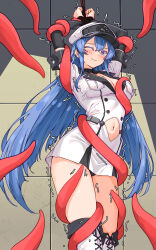 1girl akame_ga_kill! arms_up bakasp-lilzy biting_own_lip black_choker black_panties blue_eyes blue_hair blush bound bound_wrists breasts choker cleavage clothing_cutout dress esdeath hat highres imminent_rape large_breasts long_hair military_hat navel navel_cutout one_eye_closed panties pantyshot peaked_cap restrained rope short_dress solo tentacles thighhighs thighs tile_wall tiles trembling underwear very_long_hair white_dress white_hat white_thighhighs