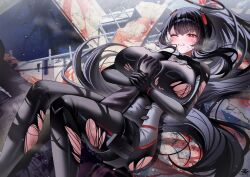 1girl 1other absurdres black_bodysuit black_hair blue_archive blush bodysuit breasts feet_out_of_frame halo highres large_breasts long_hair lying official_alternate_costume on_back one_eye_closed ponytail red_eyes rio_(blue_archive) rio_(bodysuit)_(blue_archive) solo_focus tansuan_(ensj3875) torn_bodysuit torn_clothes very_long_hair