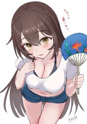 Rule 34 | 1girl, black bra, blush, bra, breasts, brown hair, cleavage, cropped shirt, denim, denim shorts, hair between eyes, hand fan, highres, holding, holding fan, long hair, looking at viewer, may9, medium breasts, midriff, navel, open mouth, original, shirt, short sleeves, shorts, solo, underwear, white shirt, yellow eyes