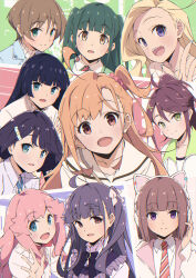 Rule 34 | 6+girls, :d, absurdres, ahoge, animal ear headphones, animal ears, azabu mai, black hair, blonde hair, blue hair, blunt bangs, blush, bob cut, brown eyes, brown hair, cat ear headphones, center frills, chofu noriko, chromatic aberration, closed mouth, collared shirt, copyright name, copyright notice, diagonal-striped clothes, diagonal-striped necktie, dress shirt, fake animal ears, frills, gotou akira (love live!), green eyes, green hair, hand on headphones, harumiya yukuri, headphones, highres, ikizulive! love live! bluebird, kanazawa miracle, komagata hanabi, konohana aurora, long hair, looking at viewer, love live!, multiple girls, neck ribbon, necktie, official art, open mouth, orange eyes, orange hair, orange necktie, parted hair, pink hair, ponytail, purple eyes, ribbon, sailor collar, sailor shirt, sasaki shion, shirt, short hair, sidelocks, smile, split mouth, striped clothes, tabata hisayuki, takahashi polka, two side up, white headphones, white sailor collar, white shirt, yamada midori