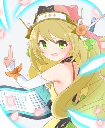 1girl bow breasts celine_(fire_emblem) celine_(ninja)_(fire_emblem) detached_sleeves fire_emblem fire_emblem_engage fire_emblem_heroes flower green_eyes hair_ornament hair_stick highres holding holding_scroll ikonaska kanzashi looking_at_viewer ninja nintendo official_alternate_costume open_mouth orange_bow orange_flower orange_trim scroll shuriken shuriken_hair_ornament small_breasts solo tassel tassel_hair_ornament weapon white_sleeves wrist_bow