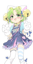 1girl animal_hat anzu_yoshihiro asymmetrical_legwear bag bell blue_bow blue_dress blue_ribbon blue_shirt blue_thighhighs bow cat_girl cat_hat cat_tail character_charm charm_(object) choker clothes_writing dejiko di_gi_charat double_v dress fang food-themed_hair_ornament footwear_ribbon gema green_eyes green_hair hair_bell hair_bow hair_ornament hairclip hat highres jingle_bell mismatched_legwear mittens neck_bell open_mouth parted_bangs pinafore_dress ribbon shirt shoes short_hair short_sleeves shoulder_bag sleeveless sleeveless_dress smile solo star_(symbol) star_hair_ornament strawberry_hair_ornament striped_clothes striped_thighhighs tail tail_bow tail_ornament thighhighs two-tone_thighhighs two_side_up uneven_legwear v white_background white_hat white_mittens white_shoes white_thighhighs yellow_choker