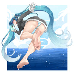 1girl aqua_eyes aqua_hair aqua_panties ass barefoot blush breasts coat eiji_(eiji) from_behind full_body fur-trimmed_coat fur_trim gloves hair_between_eyes hatsune_miku highres large_breasts long_hair looking_at_viewer looking_back ocean open_mouth panties smile snow soles solo striped_clothes striped_panties toes twintails underwear very_long_hair vocaloid walking walking_on_liquid white_gloves