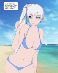 1girl 3d beach bikini blue_bikini blue_eyes breasts cleavage covered_erect_nipples cowboy_shot curvy english_text female_focus horizon kikuyo large_breasts long_hair medium_breasts nature navel outdoors pale_skin ponytail rwby sand scar scar_across_eye scar_on_face sky solo speech_bubble swimsuit tiara water weiss_schnee white_hair