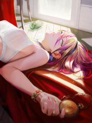 1girl absurdres bare_shoulders blonde_hair blurry bra bracelet breasts choker depth_of_field earrings eyelashes green_eyes hairband highres holding holding_pocket_watch jewelry looking_at_viewer lying multicolored_hair nababa nail_polish nipples original pink_hair pocket_watch see-through_clothes solo underwear watch