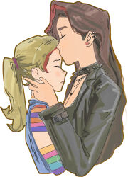 2girls absurdres black_choker blonde_hair brown_hair choker closed_eyes denim_vest detached_sleeves earrings hair_dye highres inside_out inside_out_2 jacket jewelry kiss kissing_forehead leather leather_jacket long_hair multiple_girls necklace ponytail qianyu_rainz rainbow_shirt riley_andersen simple_background spiked_choker spikes tank_top valentina_ortiz yuri