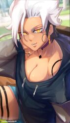 1girl asymmetrical_hair bench black_hair black_hoodie black_nails blue_pants blue_tongue blurry blurry_background body_markings breasts choker circle cleavage collarbone colored_bangs colored_tongue commentary day drawstring ear_piercing earrings english_commentary engrish_commentary fang fingernails glowing glowing_eyes gold_earrings grass hair_over_face highres hood hood_down hoodie jewelry looking_at_viewer medium_breasts messy_hair off_shoulder on_bench original pants park park_bench parted_lips patreon_logo patreon_username piercing polka_dot pov purple_choker sarulart seductive_smile shiny_skin short_hair short_shorts shorts sidewalk sitting smile solo thick_thighs thighs white_hair white_string yellow_eyes