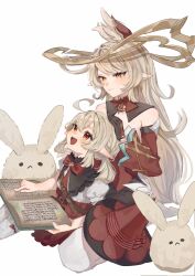 Rule 34 | 2girls, alice (genshin impact), bare shoulders, blonde hair, book, brown gloves, cowlick, detached collar, detached sleeves, dodoco (genshin impact), genshin impact, gloves, hat, headgear, highres, klee (blossoming starlight) (genshin impact), klee (genshin impact), long hair, mother and daughter, multiple girls, open book, open mouth, orange eyes, pointy ears, red eyes, red hat, red skirt, red sleeves, shirt, simple background, skirt, smile, suiconri, white background, white shirt, witch hat