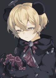 1boy absurdres animal_ears bear_claws bear_ears blonde_hair coat crying crying_with_eyes_open e.g.o_(project_moon) grey_background grey_coat heart hex_nail_(e.g.o) highres limbus_company male_focus nail_(hardware) paw_sleeves project_moon red_ribbon ribbon short_hair simple_background sinclair_(project_moon) solo stitches tears upper_body widosya yellow_eyes