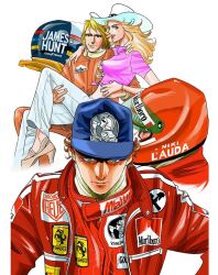 1girl 2boys blonde_hair blue_eyes blue_headwear burn_scar carrying carrying_person character_name ferrari formula_one goodyear green_eyes helmet high_heels james_hunt looking_at_viewer marlboro medium_hair movie_poster multiple_boys niki_lauda official_art pants parted_lips patch pink_shirt racing_suit rush_(movie) scar shirt short_hair short_sleeves simple_background smile soda_masahito sponsor tag_heuer white_background white_pants