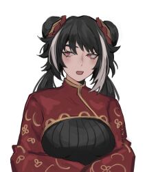1girl absurdres black_dress black_hair breasts chinese_clothes dearpupa double_bun dress hair_bun highres jia_xichun_(project_moon) limbus_company long_hair looking_at_viewer multicolored_hair open_mouth pink_eyes project_moon red_shrug simple_background solo standing streaked_hair twintails upper_body white_background white_hair white_streaks