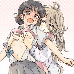 2girls absurdres basori_tiara black_hair blonde_hair blush bow bowtie bra breasts commentary fukaku-tei groping hair_between_eyes hair_bun highres long_hair long_hair_between_eyes make_heroine_ga_oo_sugiru! multiple_girls navel open_mouth pleated_skirt purple_eyes scared school_uniform screaming shikiya_yumeko shirt skirt small_breasts sweater sweater_vest unbuttoned underwear upper_body white_shirt yellow_eyes