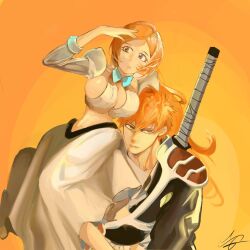 1boy 1girl bleach bleach:_sennen_kessen-hen breasts brown_eyes cleavage cleavage_cutout clothing_cutout inoue_orihime kurosaki_ichigo large_breasts long_hair orange_hair simple_background tagme