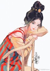 1girl banbi black_hair blue_eyes chair chinese_clothes dress facial_mark forehead forehead_mark hair_bun hanfu huadian long_sleeves looking_at_viewer original procreate_(medium) qixiong_ruqun sidelocks smile solo striped_clothes striped_dress vertical-striped_clothes vertical-striped_dress white_background yellow_sleeves yu_mingqing_yeimq