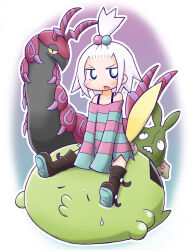 1girl bangs_pinned_back black_boots blue_eyes boots chibi collarbone commentary_request forehead gen_3_pokemon gen_5_pokemon gulpin hair_bobbles hair_ornament knee_boots long_sleeves looking_at_viewer naga_u nintendo off-shoulder_shirt off_shoulder open_mouth pokemon pokemon_bw2 roxie_(pokemon) scolipede shirt shoe_soles sitting sleeves_past_fingers sleeves_past_wrists striped_clothes striped_shirt sweatdrop trubbish v-shaped_eyebrows white_hair