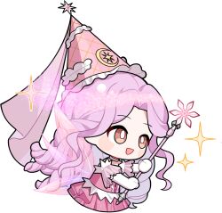 Rule 34 | 1girl, argyle clothes, argyle hat, artist request, blush stickers, bright pupils, brown eyes, buttons, casting spell, center frills, chibi, choker, crescent print, cropped legs, detached sleeves, dress, drill hair, elbow gloves, enchanted encounter (infinity nikki), fairy wings, frilled dress, frilled headwear, frilled sleeves, frills, glitter, gloves, gown, happy, hat, hat ornament, holding, holding wand, infinity nikki, long hair, looking at object, magic, nikki (series), official art, open mouth, parted bangs, pink dress, pink hair, pink hat, pink sleeves, pink vest, pink wings, pleated sleeves, purple choker, short sleeves, sidelocks, smile, solo, sparkle, star (symbol), star hat ornament, star print, strapless, strapless dress, tareme, transparent background, transparent wings, very long hair, vest, wand, wavy hair, white gloves, white pupils, wings