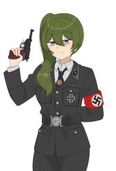 1girl arm_strap belt black_cat03 black_jacket black_necktie black_pants collar_tabs cross green_hair gun highres holding holding_gun holding_weapon iron_cross jacket long_hair looking_at_viewer military_dress_uniform military_uniform nazi nazi_party_pin necktie pants ponytail purple_eyes side_ponytail smile sousou_no_frieren ss_insignia ss_uniform swastika ubel_(sousou_no_frieren) waffen-ss weapon white_jacket