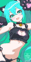 animal_hands bad_link bare_shoulders black_bra black_choker black_panties blue_eyes blue_hair bra breasts cat_paws choker cleavage_cutout clothing_cutout collarbone green_background hatsune_miku highres long_hair looking_at_viewer navel open_mouth panties small_breasts stomach teeth twintails underwear upper_teeth_only very_long_hair vocaloid xel4
