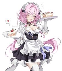 1girl ;o apron black_dress blue_eyes breasts cake card cleavage commentary commission dress elysia_(honkai_impact) elysia_(miss_pink)_(honkai_impact) elysia_(miss_pink_elf)_(honkai_impact) english_commentary fake_horns food gloves heart highres holding holding_card holding_plate honkai_(series) honkai_impact_3rd horns large_breasts long_hair looking_at_viewer maid maid_apron maid_headdress official_alternate_costume one_eye_closed pink_hair plate raii_0103 simple_background solo spoken_heart strawberry_shortcake thighhighs thighs white_apron white_background white_gloves white_thighhighs