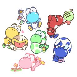 animal animal_focus blush blush_stickers closed_eyes closed_mouth dinosaur egg flower food fruit grass highres mario_(series) nintendo no_humans poochy_(yoshi&#039;s_island) risapaso shoes simple_background sleeping smile tongue tongue_out white_background yoshi yoshi&#039;s_island