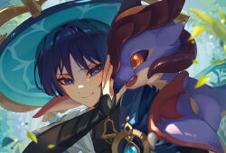 1boy anemo_symbol_(genshin_impact) aqua_sleeves armor artist_name black_bodysuit black_eyes black_hair blue_cape blue_hat blunt_ends bodysuit bridal_gauntlets bright_pupils canopy_(forest) cape cheek_bulge closed_mouth dragon dragon_on_shoulder eyeliner eyeshadow falling_leaves genshin_impact gold hair_intakes hand_on_another&#039;s_face hat highres japanese_armor japanese_clothes jingasa kimono kote kotokate kurokote layered_sleeves leaf looking_at_another makeup male_focus mini_durin_(genshin_impact) open_clothes open_hand open_kimono plant red_eyeliner red_eyeshadow scaramouche_(genshin_impact) short_sleeves shoulder_peek small_dragon upper_body vision_(genshin_impact) wanderer_(genshin_impact) white_kimono white_pupils white_sleeves