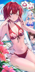 3girls :3 :d :p ? ^^^ alternate_costume ange_katrina animal_ears animal_hair_ornament armpit_crease armpits arrow_(symbol) ayastyle bare_arms bare_shoulders beach_chair bikini blue_bikini blue_eyes blue_hair blue_sky blunt_bangs blurry blurry_foreground blush breasts brown_hair calling cleavage closed_mouth clothes_writing cloud collar collarbone color-coded colored_inner_hair commentary_request cowboy_shot day depth_of_field dog_ears double_v eyelashes flower flying_sweatdrops front-tie_bikini_top front-tie_top green_bikini groin group_name hair_between_eyes hair_flower hair_intakes hair_ornament hand_on_own_cheek hand_on_own_face hands_up heterochromia hibiscus highres inui_toko inward_v kashiwagi_touko lize_helesta long_hair looking_at_another looking_at_viewer marriage_certificate_(object) matching_outfits medium_breasts multi-strapped_bikini_bottom multicolored_hair multiple_girls nail_polish navel nijisanji nose_blush one_eye_closed open_mouth outdoors palm_tree pink_flower purple_eyes red_bikini red_eyes red_hair red_nails sanbaka_(nijisanji) short_hair sidelocks sitting sky small_breasts smile solo_focus sparkle squatting stomach streaked_hair sweatdrop swimsuit three_quarter_view tongue tongue_out tree triangle_hair_ornament two-tone_hair upside-down_bikini_top v v-shaped_eyebrows very_long_hair virtual_youtuber wardrobe_error white_hair yellow_eyes