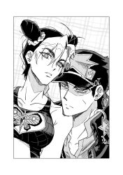 Rule 34 | 1boy, 1girl, armpit crease, breasts, chain, commentary request, double bun, father and daughter, frown, greyscale, hair between eyes, hair bun, hat, highres, jeonjin (mynamebazin), jojo no kimyou na bouken, korean commentary, kuujou jolyne, kuujou joutarou, medium breasts, midriff, monochrome, multicolored hair, plaid background, stone ocean, two-tone hair