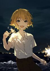 Rule 34 | belt, blonde hair, brown belt, brown pants, dark background, green eyes, highres, holding, holding fireworks, light blush, night, night sky, nijisanji, ocean, pants, short sleeves, sky, smile, uzuki kou, yy s2fa