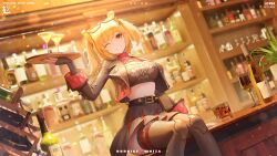 1girl aoiro_xiaolan artist_name bar_(place) black_gloves black_jacket black_skirt black_thighhighs blonde_hair bottle breasts burnice_white character_name copyright_logo crop_top cup dated drink eyewear_on_head fingerless_gloves gloves highres holding holding_plate indoors jacket knee_pads long_sleeves looking_at_viewer on_table one_eye_closed plant plate red_eyes sitting skirt smile solo table teeth thighhighs wine_bottle zenless_zone_zero