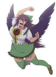 Rule 34 | 1girl, :d, arm up, asymmetrical footwear, black wings, bow, breasts, brown hair, clenched hands, collared shirt, commentary request, frilled shirt, frilled shirt collar, frilled skirt, frilled sleeves, frills, full body, green bow, green skirt, green thighhighs, hair bow, hand up, hanemikakko, large breasts, long hair, looking at viewer, mismatched footwear, open mouth, plant, puffy short sleeves, puffy sleeves, red eyes, reiuji utsuho, shirt, short hair, short sleeves, simple background, skirt, smile, solo, tan, thighhighs, touhou, vines, white background, wing collar, wings, zettai ryouiki