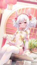 1girl absurdres animal_ears azur_lane breasts china_dress chinese_clothes clothing_cutout commentary dress elbow_gloves fake_animal_ears flower gloves hair_between_eyes hair_flower hair_ornament hairband highres laffey_(azur_lane) looking_at_viewer panties partially_fingerless_gloves pelvic_curtain rabbit_ears red_eyes red_hairband side-tie_panties sitting skirt_hold small_breasts solo thighhighs twintails underwear white_hair white_thighhighs z-wumi