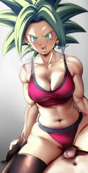 1boy 1girl absurdres blue_eyes breasts cleavage dragon_ball dragon_ball_super earrings green_hair head_cha_la highres jewelry kefla_(dragon_ball) medium_breasts muscular muscular_female penis scar sitting sitting_on_person sports_bra thick_thighs thigh_sex thighhighs thighs thong