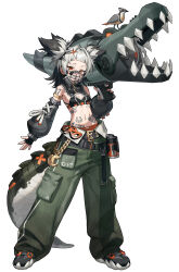 1girl absurdres baggy_pants bird black_bra black_hair black_shoes black_sleeves blunt_bangs bra breasts cleavage crocodile crocodilian crocodilian_tail cross-laced_clothes cross-laced_sleeves crossed_belts detached_sleeves expressionless eyelashes fake_tail full_body gold_armlet gold_buckle green_pants gun hair_intakes highres holding holding_gun holding_weapon kipus long_sleeves looking_at_viewer mask mechanical_tail medium_hair midriff mouth_mask multicolored_hair number_tattoo orange_eyes original pants pocket puffy_long_sleeves puffy_sleeves ribbon shoes shoulder_tattoo simple_background sleeve_ribbon small_breasts sneakers solo standing stomach_tattoo tail tattoo two-tone_hair two_side_up underwear weapon white_background white_hair white_ribbon