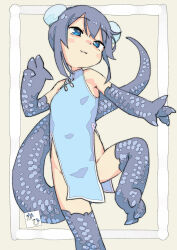 1girl :3 animal_feet animal_hands black_hair blue_dress blue_eyes blush border china_dress chinese_clothes claws commentary_request double_bun dress feet_out_of_frame flat_chest foot_up from_below hair_bun hand_up highres looking_down looking_to_the_side mabo9317 monster_girl no_panties original outside_border outstretched_arm pelvic_curtain reptile_girl scales signature sleeveless solo standing standing_on_one_leg tail yellow_background