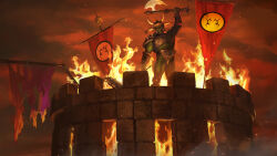 1boy absurdres armor axe blizzard_(company) burning defeat fire grunt_(warcraft) helmet highres non-web_source official_art orc orc_(warcraft) polearm remastered smoke spear warcraft warcraft_ii weapon