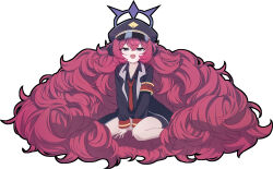 Rule 34 | 1girl, between legs, black hat, black jacket, black shirt, black skirt, blue archive, blue eyes, blush, bpayg, fluffy hair, hair between eyes, hand between legs, hat, highres, iroha (blue archive), jacket, long hair, looking at viewer, necktie, open mouth, peaked cap, red hair, red necktie, shirt, sidelocks, sitting, skirt, solo, very long hair, wariza