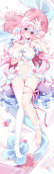 1girl :o absurdres anklet artist_request bare_shoulders blue_eyes blue_hair blush bow bra breasts bridal_lingerie bridal_veil choker cleavage colored_tips detached_sleeves ear_wings flower from_above full_body hand_on_own_stomach hand_up head_on_pillow heart heart-shaped_pillow heterochromia highres indie_virtual_youtuber jewelry large_breasts leg_ribbon lingerie long_hair looking_at_viewer lying midriff multicolored_hair navel nose_blush on_back open_mouth panties pendant_choker pillow pink_hair pink_ribbon red_eyes revealing_clothes ribbon second-party_source single_bare_leg single_thighhigh solo sparkle swept_bangs thigh_ribbon thighhighs underwear veil wavy_hair white_bow white_bra white_choker white_panties white_sleeves