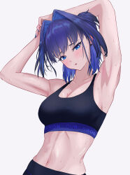1girl absurdres arms_up blue_eyes blue_hair blue_nails blush breasts cleavage diizy ear_piercing eyelashes fingernails hair_intakes hashtag-only_commentary highres hololive hololive_english large_breasts looking_at_viewer messy_hair navel open_mouth ouro_kronii piercing short_hair simple_background solo sports_bra sportswear stomach sweat upper_body virtual_youtuber white_background