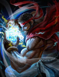 Rule 34 | 1boy, beard, black hair, facial hair, full beard, hand guard, headband, highres, male focus, midriff sarashi, muscular, muscular male, painterly, red headband, ryu (street fighter), sarashi, short hair, solo, street fighter, street fighter 6, veins, veiny arms, yanmanxplore