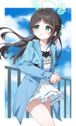 1girl :o absurdres airi_(band)_(blue_archive) airi_(blue_archive) aqua_bow aqua_halo blue_archive blue_jacket blue_sky blush border bow brown_hair cloud cloudy_sky collarbone commentary_request cowboy_shot day english_text fence fingernails floating_clothes floating_hair hair_bow hair_intakes half_updo halo highres iron_fence jacket long_hair miniskirt mrdaji open_clothes open_jacket outdoors outside_border own_hands_together parted_bangs parted_lips pleated_skirt print_shirt raised_eyebrows shirt sidelocks skirt sky solo standing t-shirt thighs turning_head white_border white_skirt wind