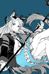 1girl animal_ear_fluff animal_ears arknights blue_background blue_eyes blue_flower blue_nails blue_rose blue_skirt buttons chinese_commentary commentary_request diamond-shaped_pupils diamond_(shape) feet_out_of_frame fingernails flower gem glint hair_flower hair_ornament highres holding iris_(arknights) jacket long_hair long_sleeves looking_at_viewer nail_polish open_clothes open_jacket parted_lips partial_commentary partially_colored piaoliu_ping_ping_ping_pingzi rose shirt simple_background skirt solo symbol-shaped_pupils very_long_hair