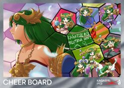 6+girls alternate_color arm_shield blue_thighhighs breasts chain circlet clenched_hand collarbone cut_out dress feathers fumio_(fumifumi) gold_chain green_eyes green_hair green_thighhighs holding holding_staff kid_icarus kid_icarus_uprising long_dress looking_at_viewer motion_lines multiple_girls multiple_persona nintendo one_eye_closed palutena side_slit single_thighhigh smile sparkle staff super_smash_bros. thighhighs vambraces wings