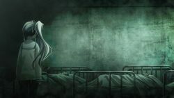 1girl 2others asymmetrical_sidelocks bed black_pantyhose blazer blonde_hair chaos;child chaos_child_syndrome clenched_hands dark dim_lighting from_behind game_cg hair_ribbon hekiho_academy hekiho_academy_uniform highres hospital hospital_bed jacket looking_at_another miniskirt multiple_others nape official_art one_side_up pantyhose ribbon sailor_collar sasaki_mutsumi side_ponytail skirt under_covers white_ribbon white_sailor_collar yamazoe_uki yellow_jacket