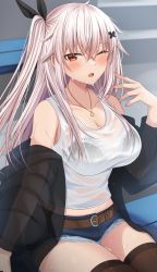 Rule 34 | 1girl, blazer, bra visible through clothes, breasts, butterfly hair ornament, etna (kuzuyu), hair ornament, highres, jacket, komori kuzuyu, large breasts, looking at viewer, one eye closed, open clothes, open jacket, original, red eyes, see-through clothes, see-through shirt, shirt, side ponytail, wet, wet clothes, wet shirt, white hair, white shirt